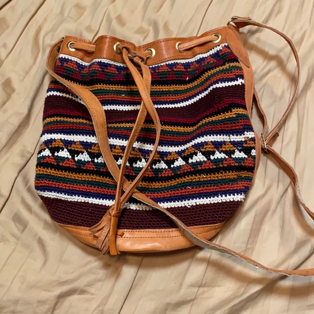 Boho Crochet Bucket Bag with Tan Leather Trim